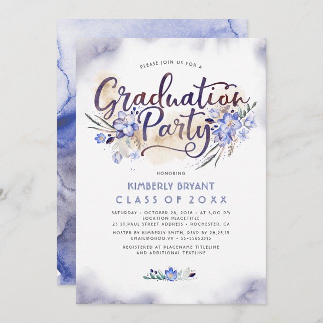 Elegant Floral Script Watercolor Graduation Party Invitation (Front/Back)