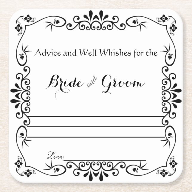 Elegant Floral Scroll, Advice and Well Wishes Square Paper Coaster (Front)