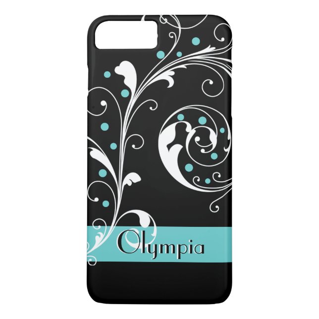 Elegant floral scroll leaf black, aqua flourish Case-Mate iPhone case (Back)