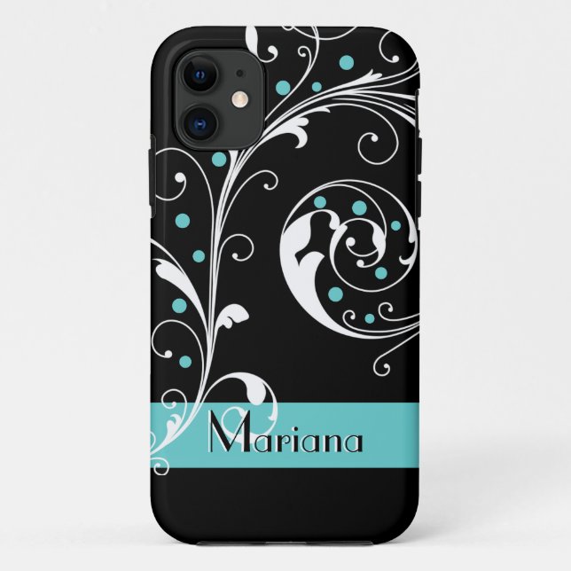 Elegant floral scroll leaf black, aqua flourish Case-Mate iPhone case (Back)