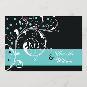 Elegant floral scroll leaf black, aqua wedding invitation