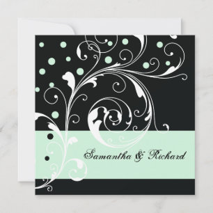 Elegant floral scroll leaf black, mint wedding invitation