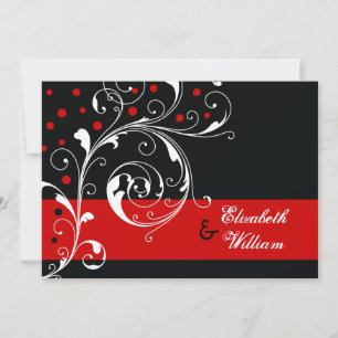 Elegant floral scroll leaf black, red wedding invitation