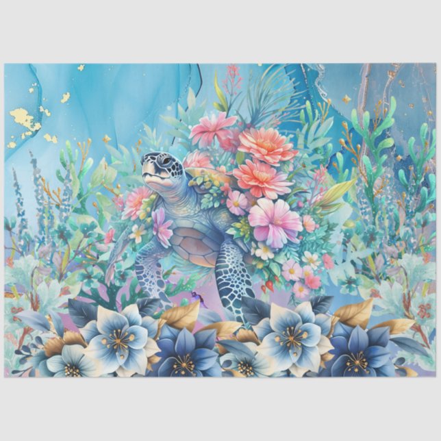 Elegant Floral Sea Turtle Decoupage Tissue Paper (Front)