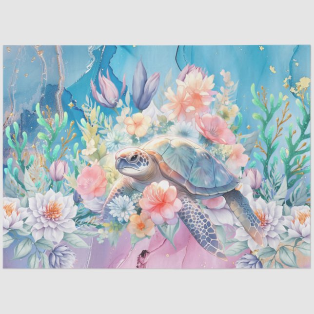 Elegant Floral Sea Turtle Decoupage Tissue Paper (Front)