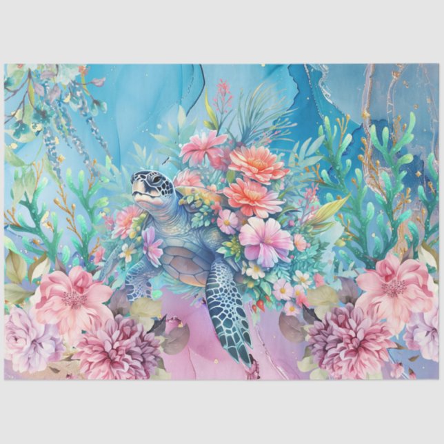 Elegant Floral Sea Turtle Decoupage Tissue Paper (Front)