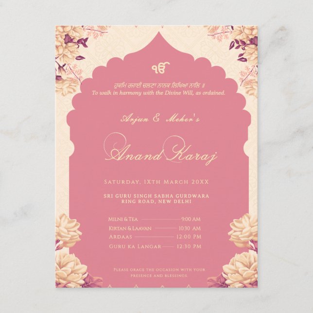 Elegant Floral Sikh Anand Karaj Invitation (Front)
