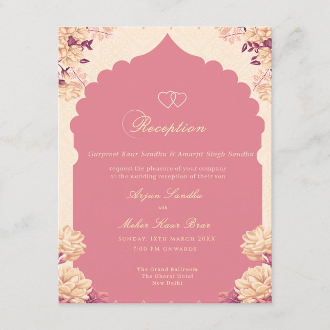 Elegant Floral Sikh wedding reception Invitation (Front)
