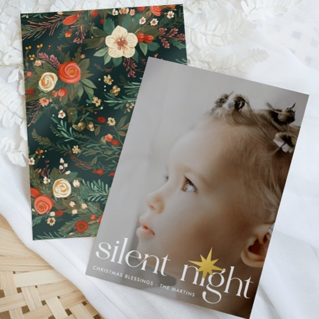 Elegant Floral Silent Night Christmas Star Photo Foil Holiday Card (Creator Uploaded)
