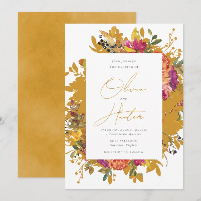 Elegant Floral Silhouette Mustard Yellow Wedding I Invitation (Front/Back)