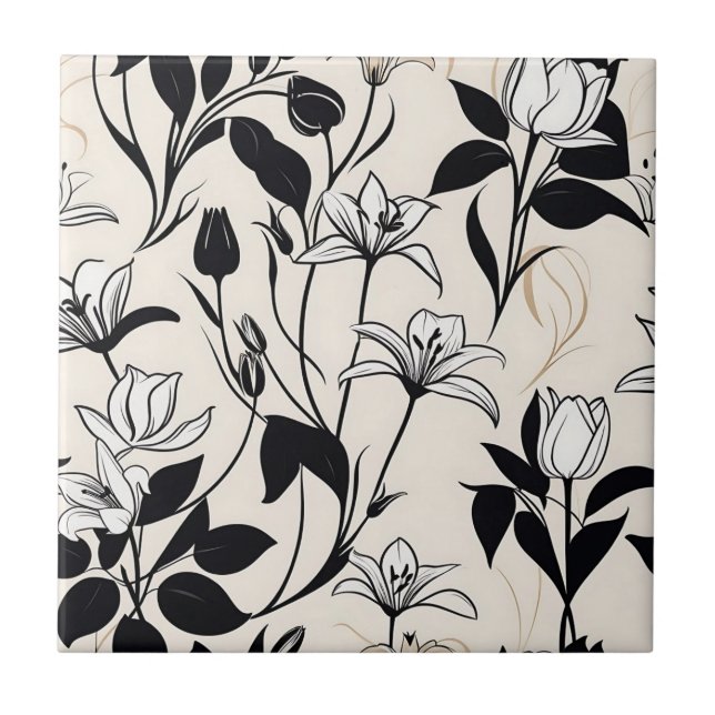 Elegant Floral Silhouettes White and Black Tile (Front)