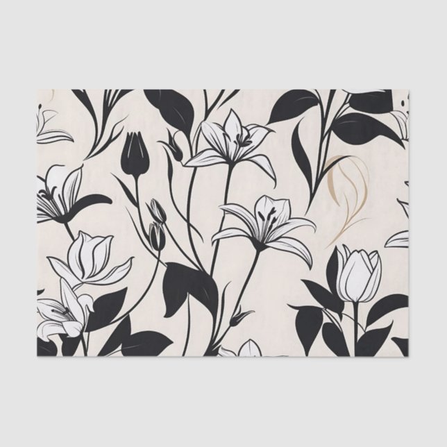 Elegant Floral Silhouettes White and Black Tissue Paper (Front)
