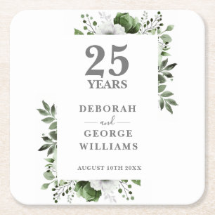 Elegant Floral Silver 25th Wedding Anniversary Square Paper Coaster