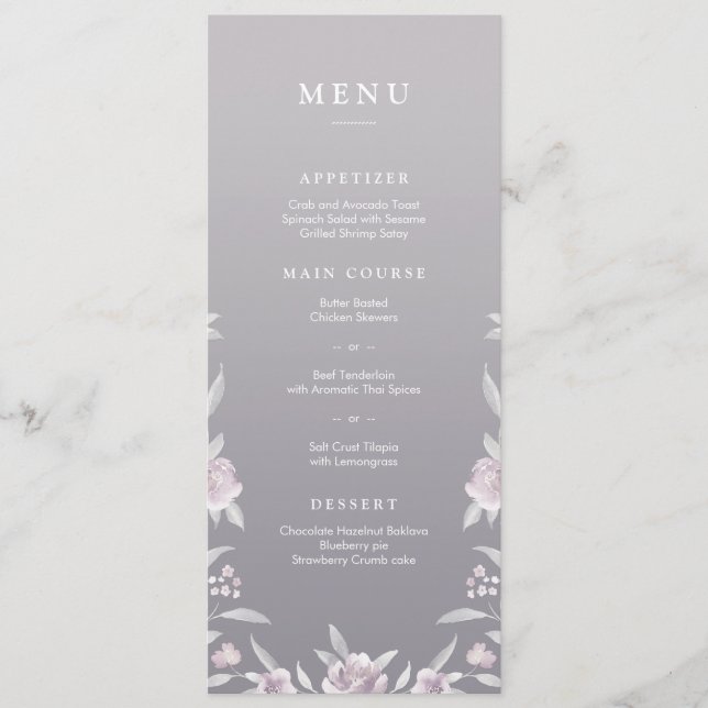 Elegant floral silver Chinoiserie wedding menu (Front)