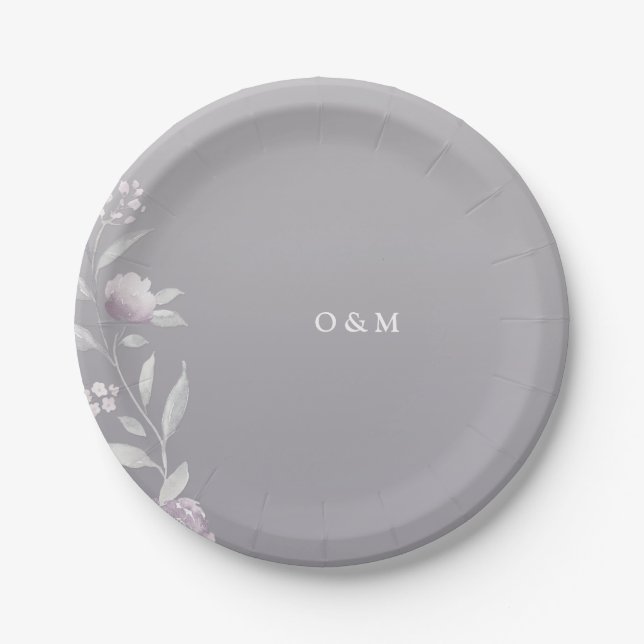 Elegant floral silver Chinoiserie Wedding monogram Paper Plate (Front)