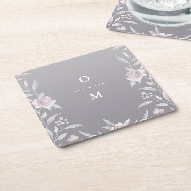 Elegant floral silver Chinoiserie Wedding monogram Square Paper Coaster (Angled)