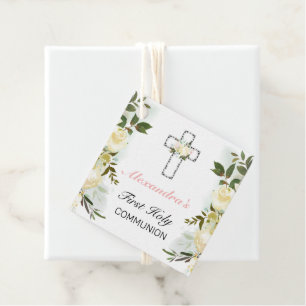Elegant Floral Silver Cross 1st Holy Communion   Favour Tags