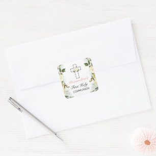 Elegant Floral Silver Cross 1st Holy Communion  Square Sticker