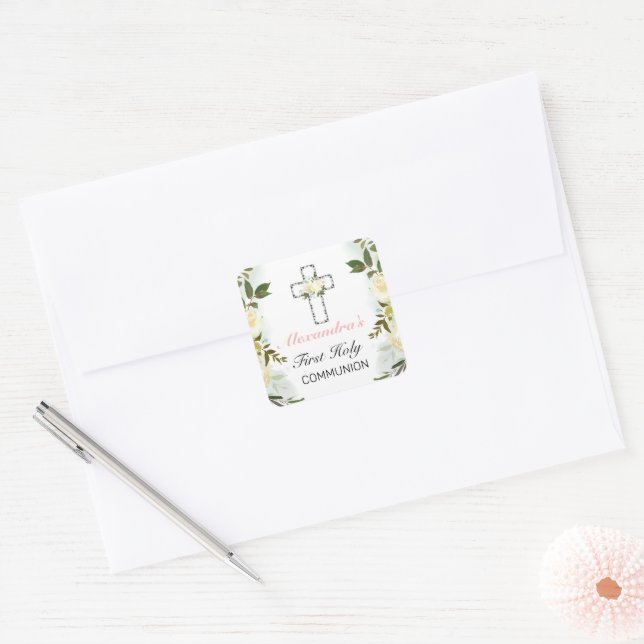 Elegant Floral Silver Cross 1st Holy Communion  Square Sticker (Envelope)