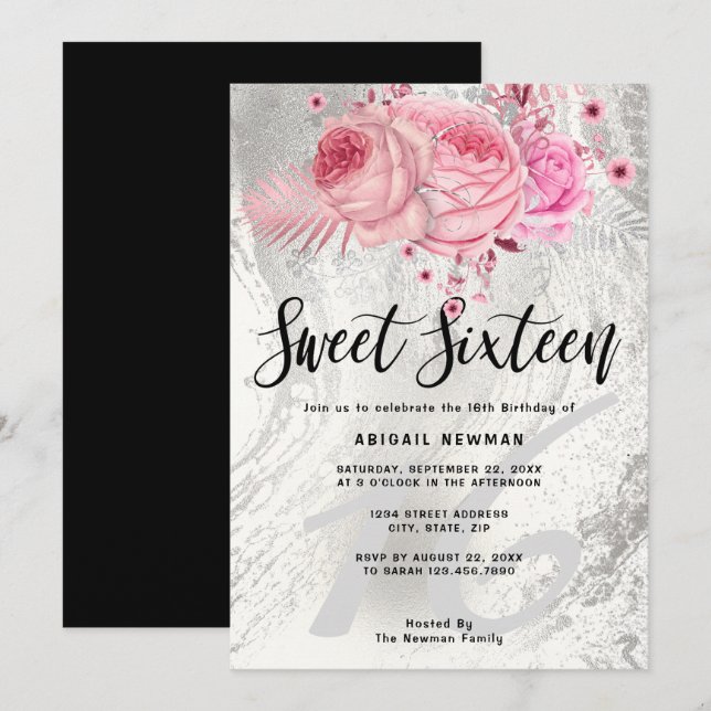 Elegant floral silver glitter marble sweet sixteen invitation (Front/Back)