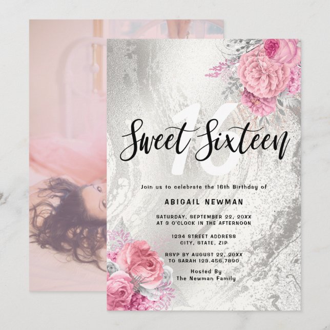 Elegant floral silver glitter marble sweet sixteen invitation (Front/Back)