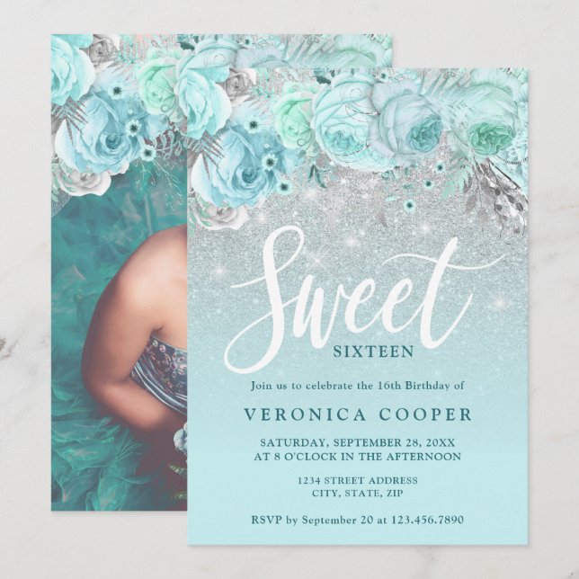 Elegant floral silver glitter sweet sixteen invitation (Front/Back)