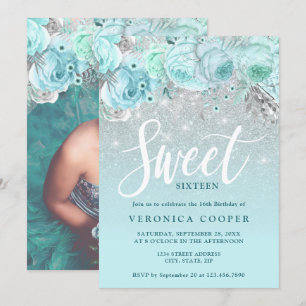 Elegant floral silver glitter sweet sixteen invitation