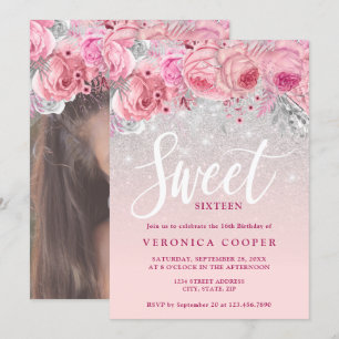 Elegant floral silver glitter sweet sixteen invitation