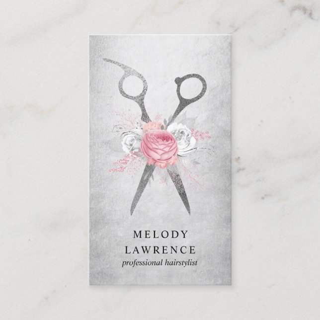 Elegant floral silver pink scissors hairstylist business card (Front)
