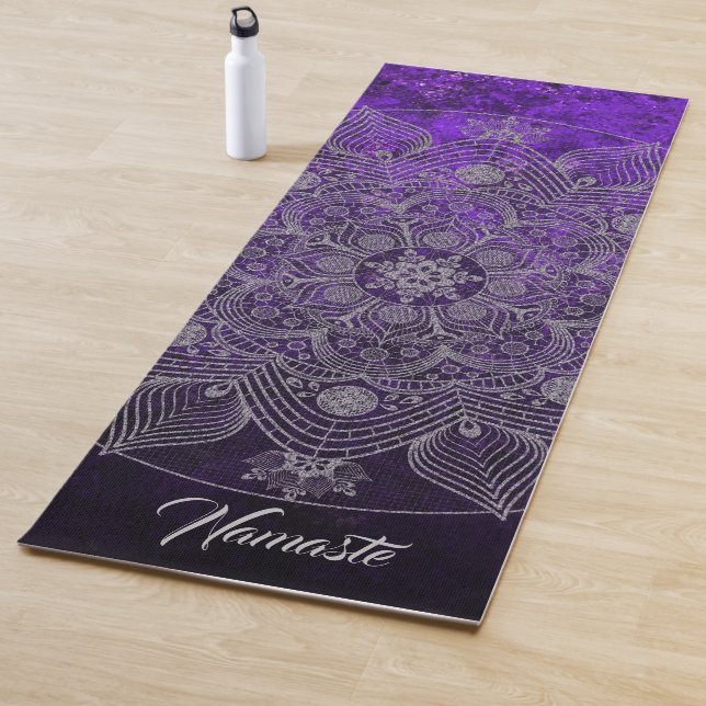 Elegant Floral Silver & Purple Mandala Namaste  Yoga Mat (In Situ)
