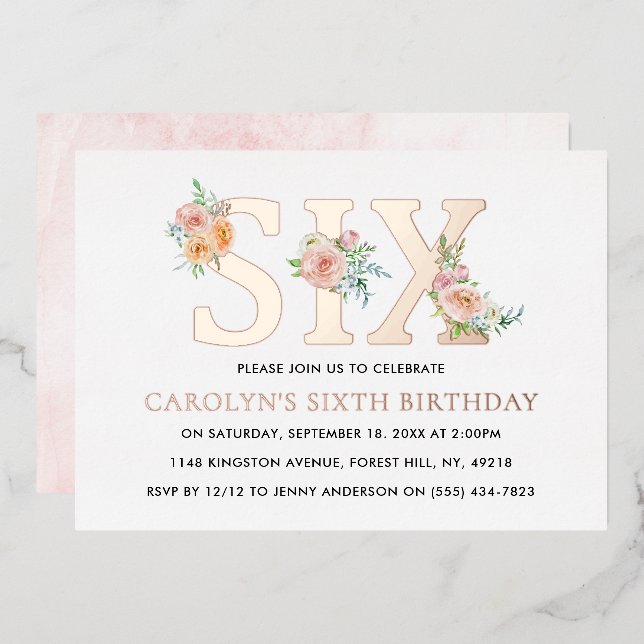 Elegant Floral SIX 6th Birthday Real (Front/Back)