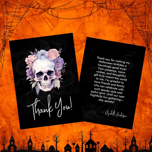 Elegant Floral & Skull Gothic Halloween Birthday  Thank You Card (Creator Uploaded)