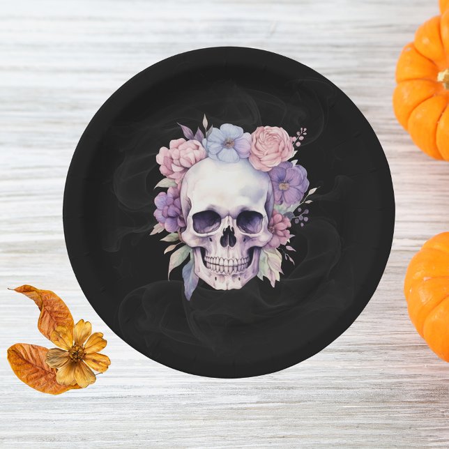 Elegant Floral & Skull Gothic Halloween Party  Paper Plate (Creator Uploaded)