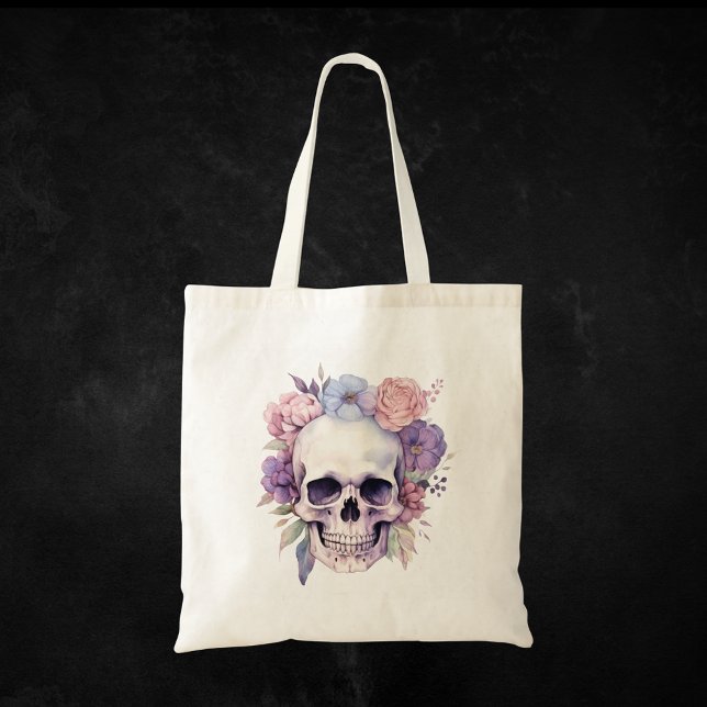 Elegant floral & skull gothic halloween  tote bag (Creator Uploaded)