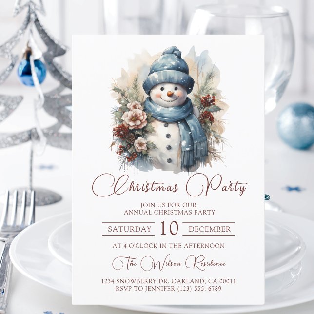 Elegant Floral Snowman Christmas Party Invitation (Creator Uploaded)