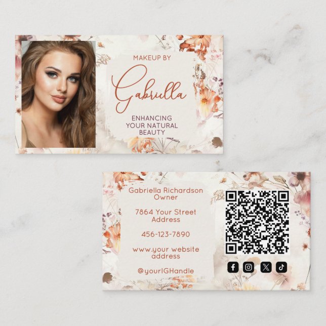 Elegant Floral Social Icon QR Code Photo Makeup Business Card (Front/Back)