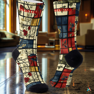 Elegant Floral Socks with Retro Grid Design