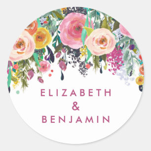 Elegant Floral Spring Summer Wedding Name Classic Round Sticker