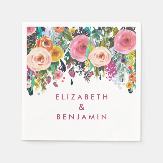 Elegant Floral Spring Summer Wedding Name Napkin (Front)