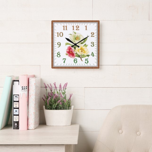 Elegant Floral Square Acrylic Wall Clock (Reading Room)