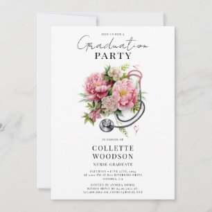 Elegant Floral Stethoscope Nurse Graduation  Invitation
