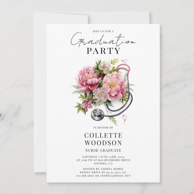 Elegant Floral Stethoscope Nurse Graduation  Invitation (Front)