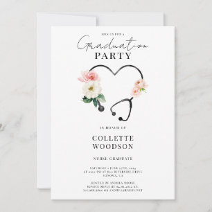 Elegant Floral Stethoscope Nurse Graduation  Invitation