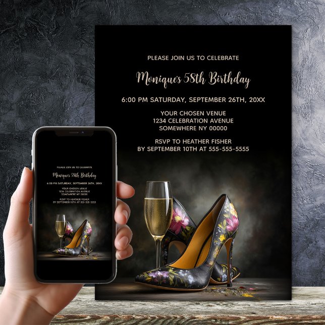 Elegant Floral Stiletto Shoes Birthday Party Invitation (Creator Uploaded)