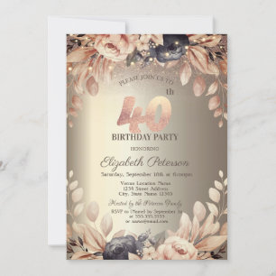 Elegant Floral,String Lights 40th Birthday  Invitation