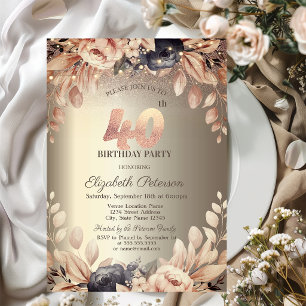 Elegant Floral,String Lights 40th Birthday  Invitation