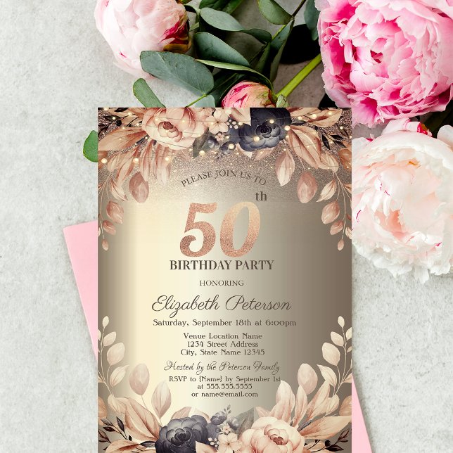 Elegant Floral,String Lights 50th Birthday  Invitation (Creator Uploaded)