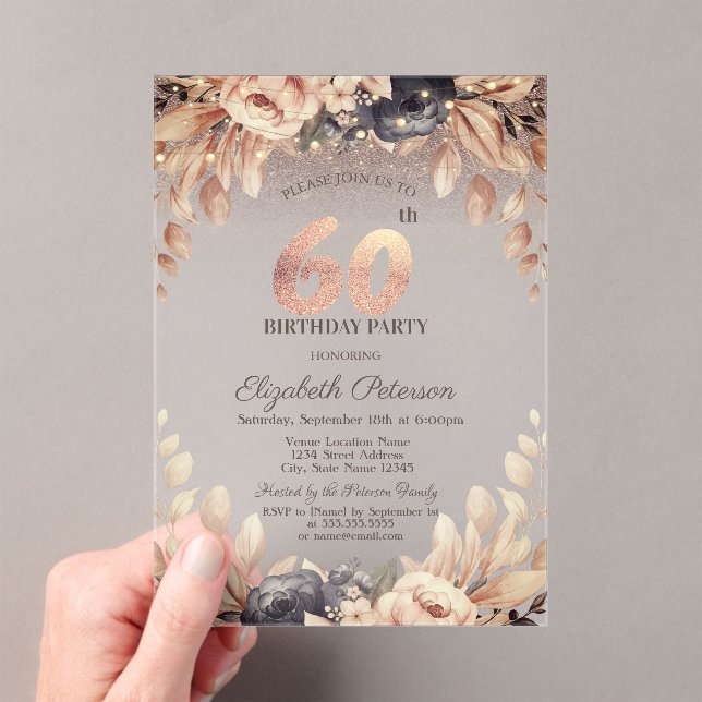Elegant Floral,String Lights 60th Birthday  Acrylic Invitations (Insitu (Handheld))