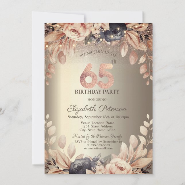 Elegant Floral,String Lights 65th Birthday  Invitation (Front)