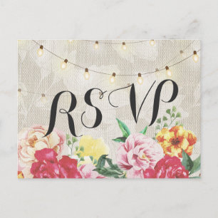 Elegant Floral String Lights Linen Wedding RSVP Invitation Postcard